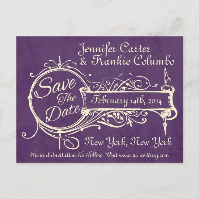 Vintage Purple Chalkboard Save The Date Announcement Postcard (Front)