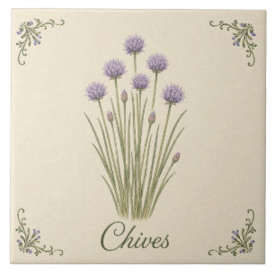 Vintage Purple Chives Botanical Kitchen Herb Ceramic Tile