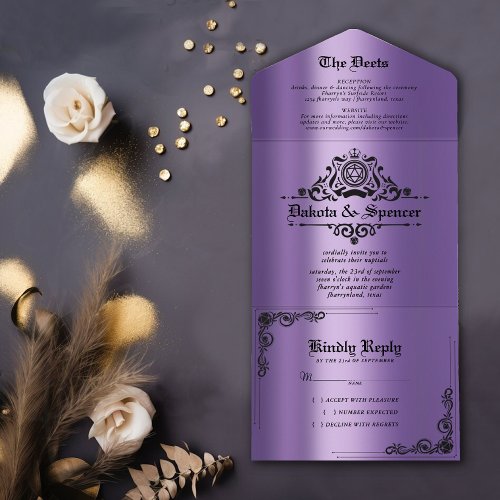 Vintage Purple D20  RPG Tabletop Dice Wedding All In One Invitation