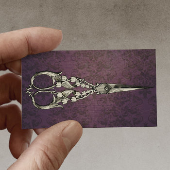 Vintage Purple Damask Antique Scissor Hair Stylist Business Card by cardfactory at Zazzle