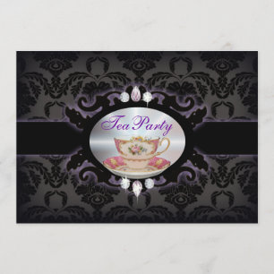 vintage purple damask floral teacup Tea Party Invitation