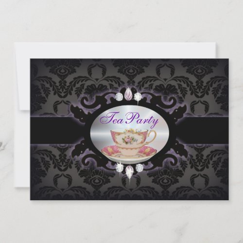 vintage purple damask  floral teacup Tea Party Invitation