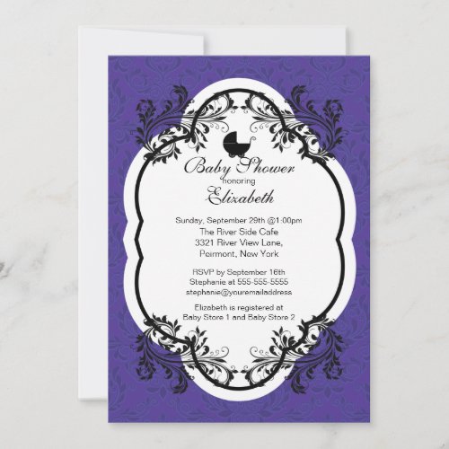 Vintage Purple Damask Girls Baby Shower Invitation