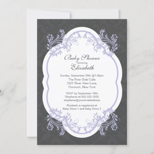 Vintage Purple Damask Girls Baby Shower Invitation