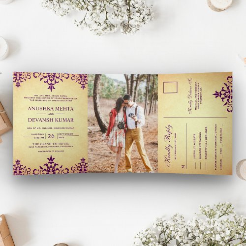 Vintage Purple Damask Traditional Indian Wedding Tri_Fold Invitation