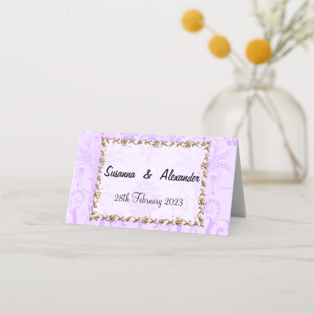 Vintage Purple Damask Wedding Place Card (Front)