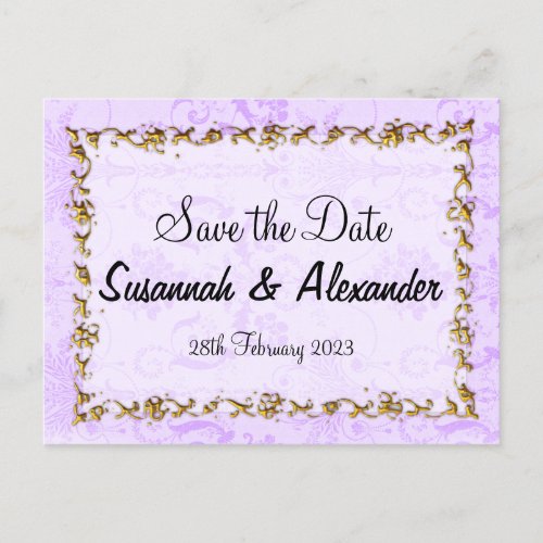 Vintage Purple Damask Wedding Save the Date Announcement Postcard