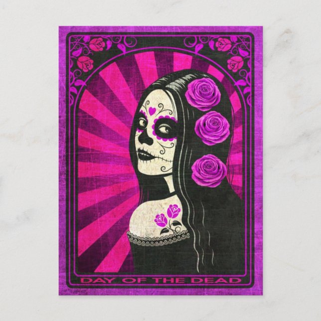 Vintage Purple Day of the Dead Girl Postcard (Front)