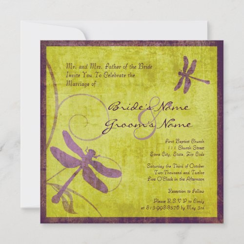 Vintage Purple Dragonfly Wedding Invitation