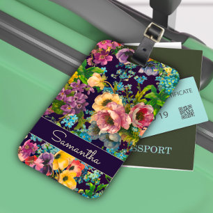 Vintage purple floral black pattern monog monogram luggage tag