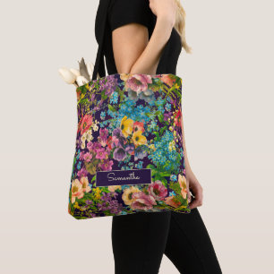 Vintage purple floral black pattern monog monogram tote bag