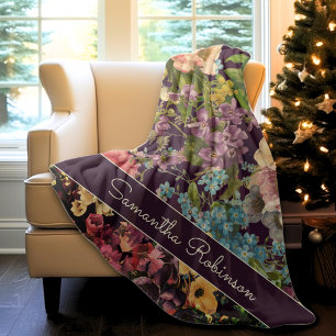 Vintage purple floral black pattern monogram fleece blanket