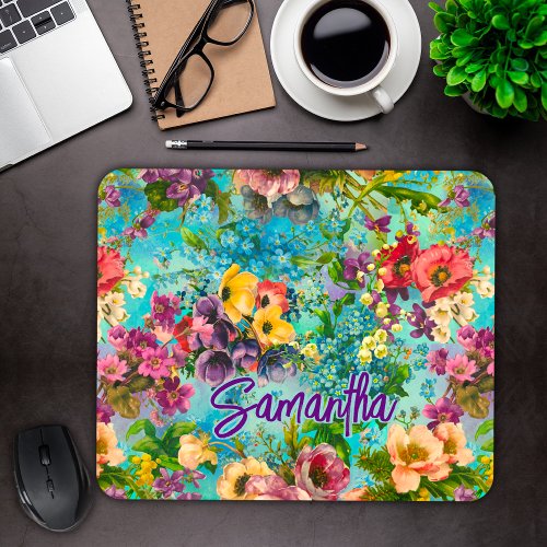 Vintage purple floral blue pattern monogram mouse pad