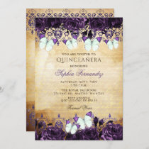 Vintage Purple Floral Butterfly Quinceañera  Invitation