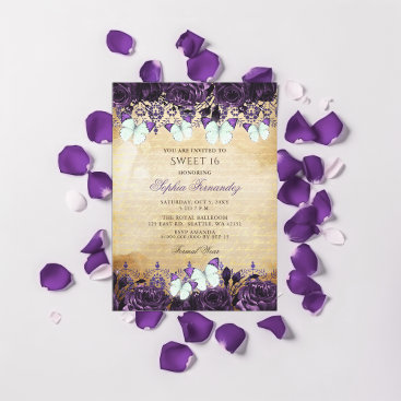 Vintage Purple Floral Butterfly Sweet 16 Invitation