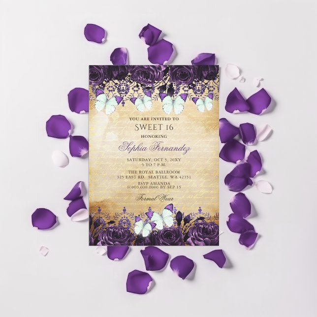 Vintage Purple Floral Butterfly Sweet 16 Invitation (Vintage Purple Floral Butterfly Sweet 16 Invitation)