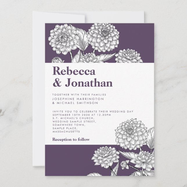 Vintage Purple Floral Dahlia Wedding Invitation (Front)