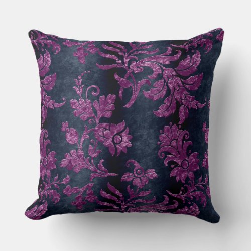 Vintage Purple Floral Damask Blue Pattern Throw Pillow