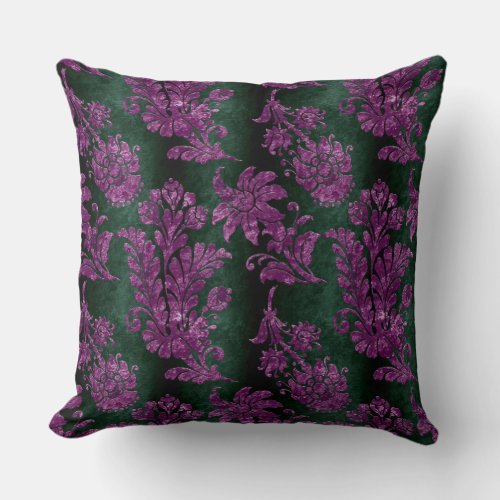 Vintage Purple Floral Damask Emerald Green Pattern Throw Pillow