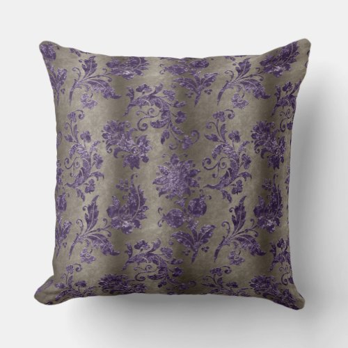 Vintage Purple Floral Damask Green Gray Pattern Throw Pillow