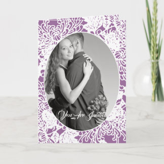 Vintage Purple Floral Damask Wedding Bi-fold Photo Invitation