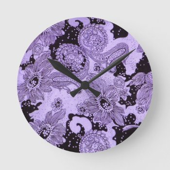 Vintage Purple Floral Fabric Round Clock by OutFrontProductions at Zazzle
