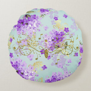 Vintage Purple Floral Fancy Gold Glitter Music Round Pillow