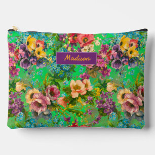 Vintage purple floral green pattern monogram accessory pouch