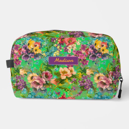 Vintage purple floral green pattern monogram dopp kit