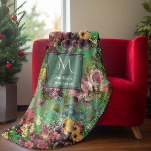 Vintage purple floral green pattern monogram fleece blanket