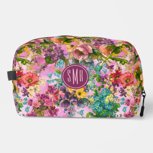 Vintage purple floral pink pattern monogram dopp kit