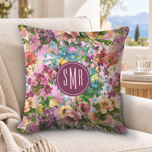 Vintage purple floral pink pattern monogram throw pillow
