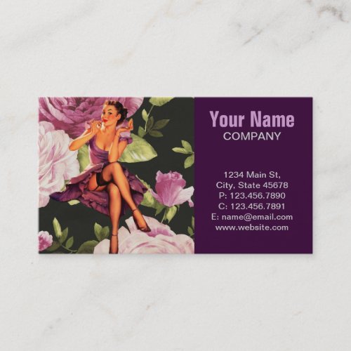 cute purple rose pin up girl vintage fashion business cards