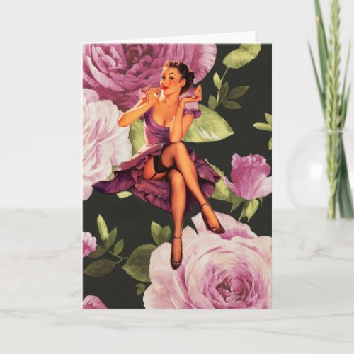 vintage purple floral retro pin up girl card