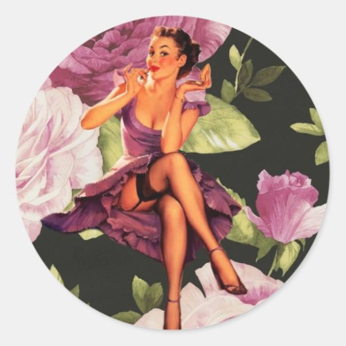 vintage purple floral retro pin up girl classic round sticker