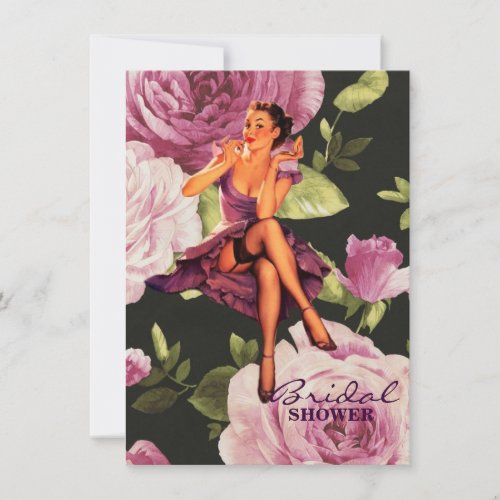 vintage purple floral retro pin up girl invitation