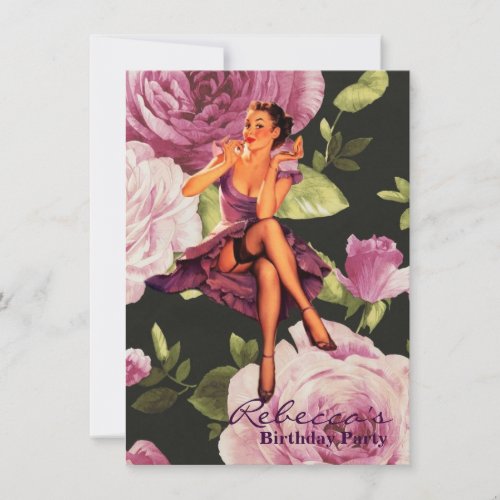 vintage purple floral retro pin up girl invitation