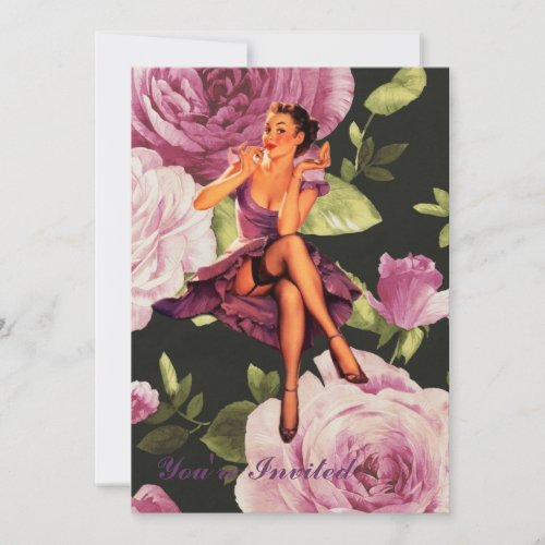 vintage purple floral retro pin up girl invitation