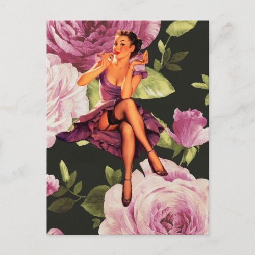 vintage purple floral retro pin up girl postcard