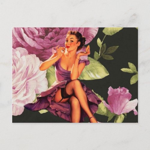 vintage purple floral retro pin up girl postcard