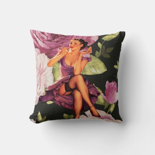 vintage purple floral retro pin up girl throw pillow