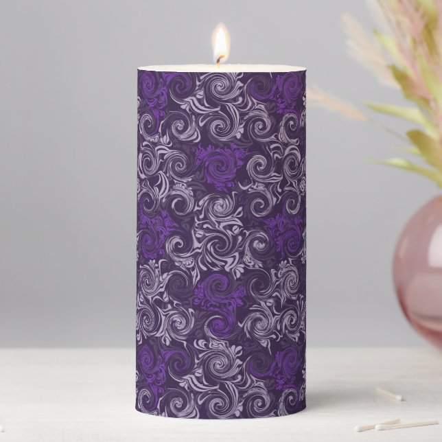 Vintage Purple Floral Swirls Pillar Candle (In Situ)
