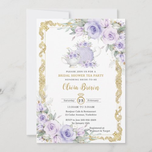 Vintage Purple Floral Tea Party Bridal Shower  Invitation