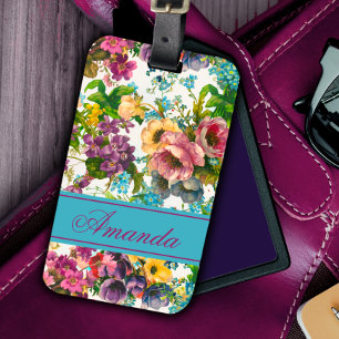 Vintage purple floral white pattern monogram luggage tag