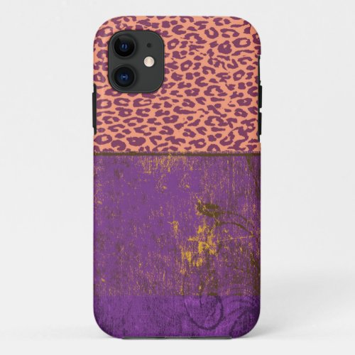 Vintage purple floral with retro leopard print iPhone 11 case