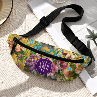 Vintage purple floral yellow pattern monogram fanny pack