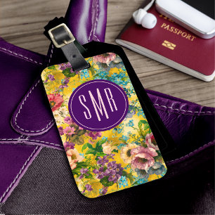Vintage purple floral yellow pattern monogram luggage tag