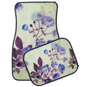 Vintage Purple Flower Print on Green Car Floor Mat