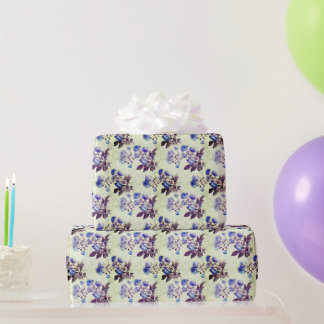 Vintage Purple Flower Print on Green Wrapping Paper