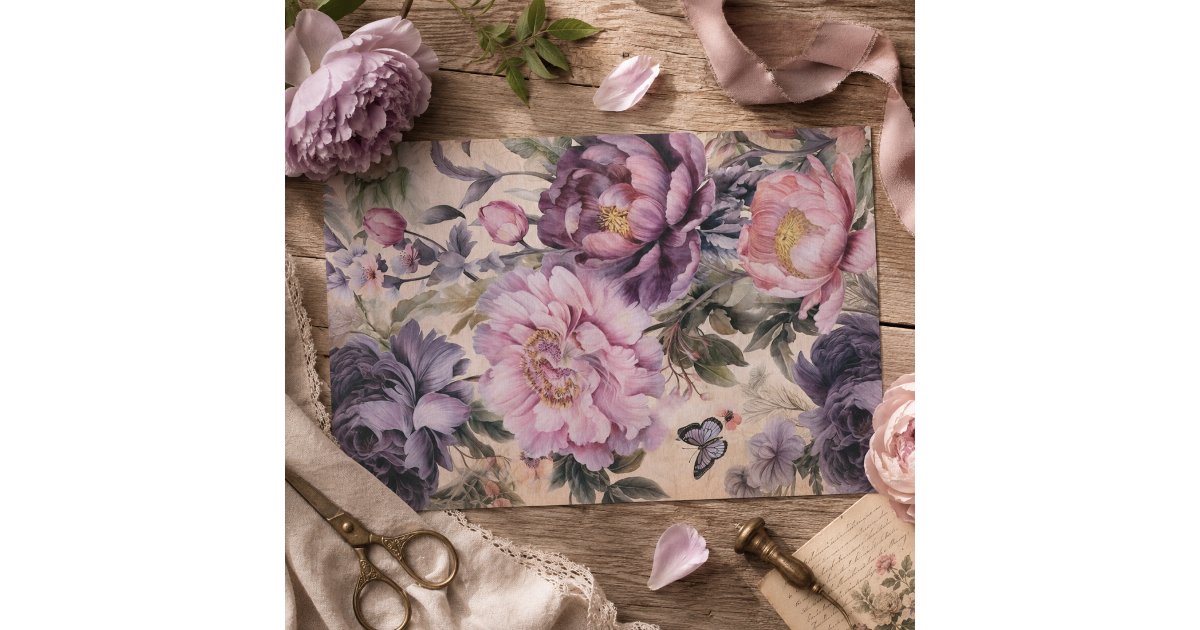 Vintage Purple Flowers And Butterflies Decoupage Tissue Paper | Zazzle